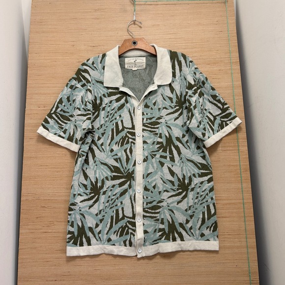 Free Planet Other - Free Planet Mens Tropical Palm Leaf Knit Button Down Shirt Green Blue Large